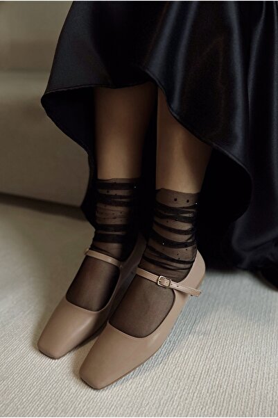 POLKA STORE Petite Nude Skin Matte Leather Closed Back Single Strap Square Toe Helmet Women's Ballerina Shoes Mary Jane