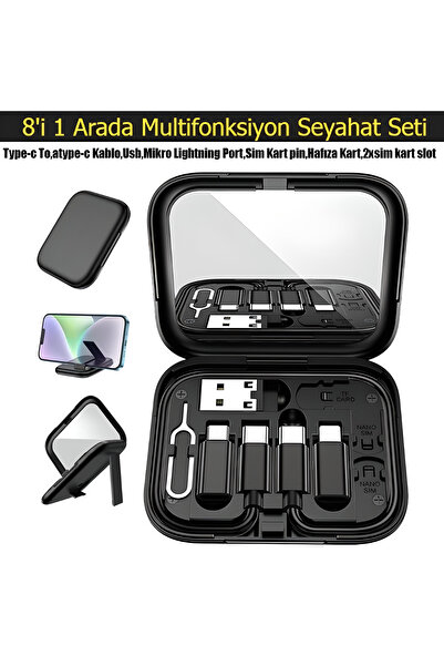 nextbuy 8in1 USB-C Hızlı Şarj Veri Kablosu iPhone Xiaomi Type-C Kablo Tutucu Aynalı Makyaj Saklama Kutusu