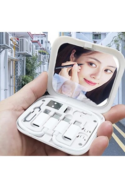 nextbuy 8in1 USB-C Hızlı Şarj Veri Kablosu iPhone Xiaomi Type-C Kablo Tutucu Aynalı Makyaj Saklama Kutusu