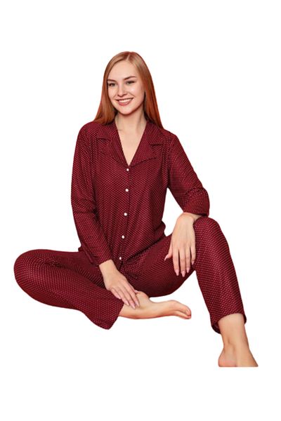 Manolya Women's Shirt Collar Buttoned Suede Polka Dot Claret Red Long Sleeve Pajamas Set