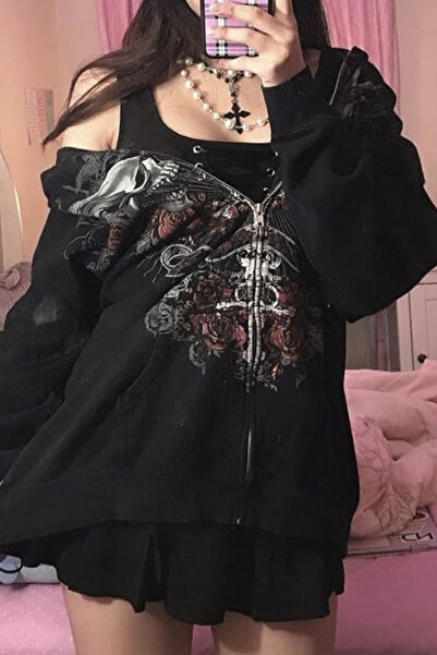Köstebek Skullhead Kurukafa Gothic Fermuarlı Kapüşonlu Sweatshirt
