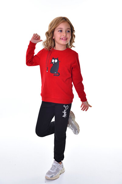Papiş Girl's Tracksuit Set - Black Cat Printed with Fish, Crew Neck Sweatshirt and Pajamas