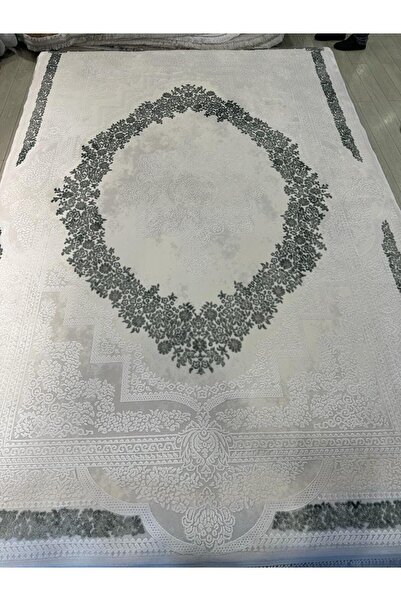 Tuğra Halı Krem Zümrüt Yeşili Göbek Desenli Bambu Akrilik Halı