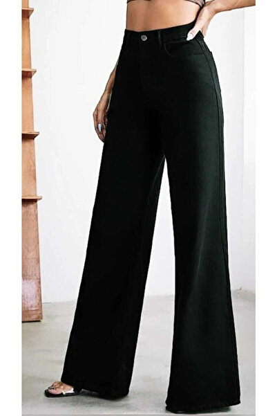 JILLY Felix Siyah Likralı Kadın Bol Paça Jean - Salaş Wide Leg Kot Pantolon (SÜPER YÜKSEK)