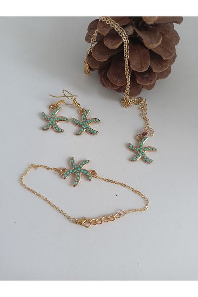 BalıkHediyelik Turquoise Turquoise Stone Necklace and Bracelet Set - Our Models-1001