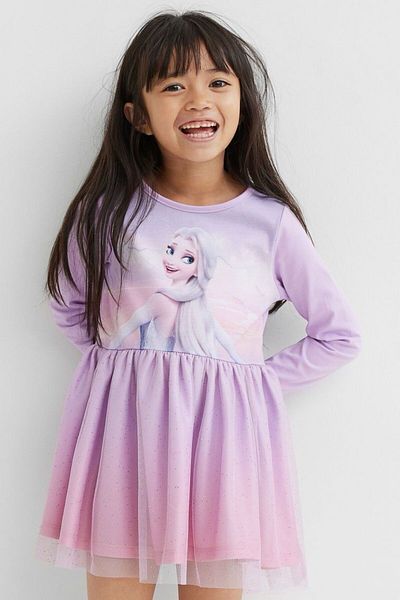 Pink Hippo Kids Rochie cu mânecă lungă din tul cu fustă imprimată Frozen Elsa pentru fete