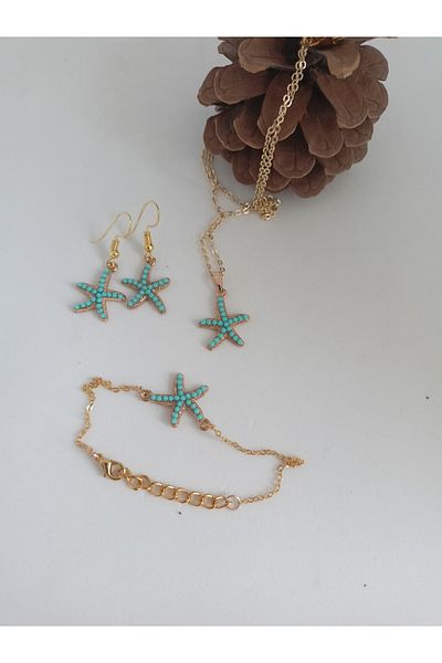 BalıkHediyelik Turquoise Turquoise Stone Necklace and Bracelet Set - Our Models-1001