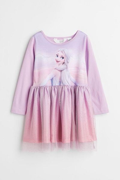 Pink Hippo Kids Rochie cu mânecă lungă din tul cu fustă imprimată Frozen Elsa pentru fete