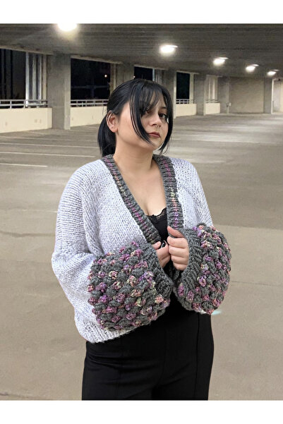 CeyssDesign Tasarım El Yapımı Balon Kol Oversize Crop Örgü Hırka Ceket