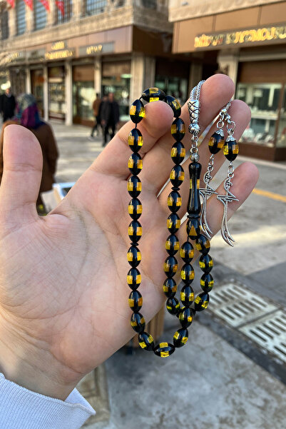 Sahra Gümüş Hz Ali Zülfikar Püsküllü Sürmeli Yeşil Toz Kehribar Tesbih