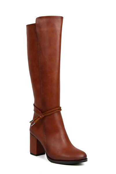 Miss Poly Kadın Taba Kalın Topuklu Suni Deri Fermuarlı Çizme