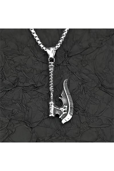 Viking Gothic Runic Inscribed Skull Ax Design Scandinavian Stainless & Tarnish Stainless 316L Steel Men's Necklace