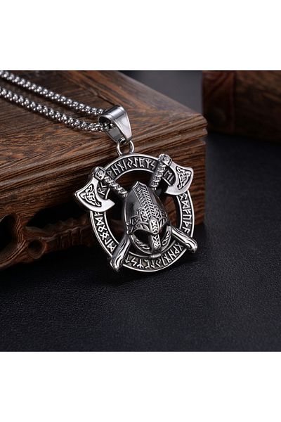 Viking Helmet & Ax with Scandinavian Runic Inscription - Stainless & Tarnish Resistant 316L Steel Men's Necklace - Small Size
