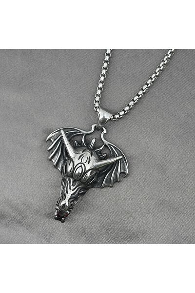 Viking Dragon Head Gothic Dragon Head Red Zircon Stone Tarnish & Rust Free 316L Steel Men's Necklace