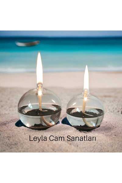 LEYLA CAM SANATLARI CAM ÜFLEME BALON KANDİL 2 Lİ SİYAH KUMLU + 200 ml KANDİL ...