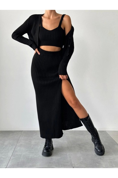 Melike Bakar Boutique Ribbed 3-Piece Black Suit (Crop + Cardigan + Skirt)