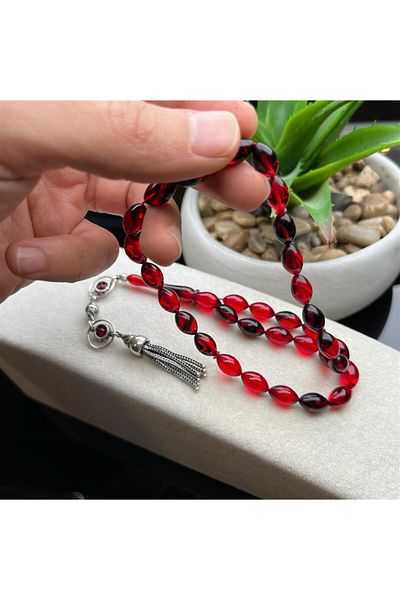 dergah tesbih Silver Designed Amber with Red Moire and Fire-i Squeeze