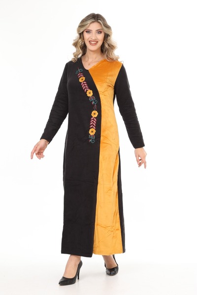 mervemoda Dámské sametové šaty s detailně vyšívaným hořčičným límcem