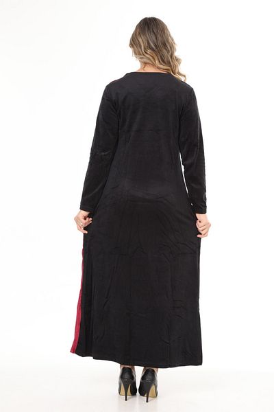 mervemoda Women's Burgundy Collar Embroidery Detailed Velvet Dress
