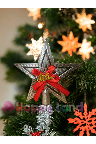 Happyland Christmas Pine Tree 15 cm Silver Color Ornate Peak Star with Bow Or...