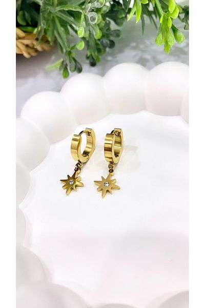 JustGAF Gold / Gold Color Zircon Cubic Zirconia Pole Star Figured Dangle Steel Earrings