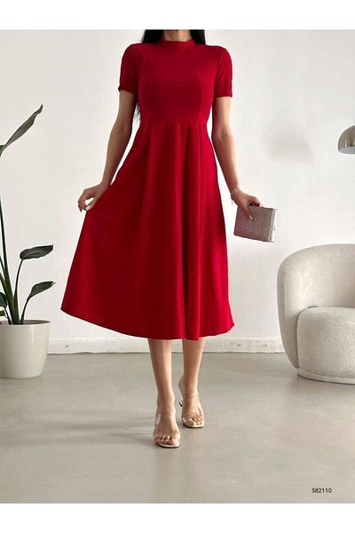 ModaLy Moda FLEXIBLE CREPE FABRIC RED COLOR HALF TURTLETON NECK SHORT SLEEVE HIDDEN POCKET EVENING DRESS GL-624 582110