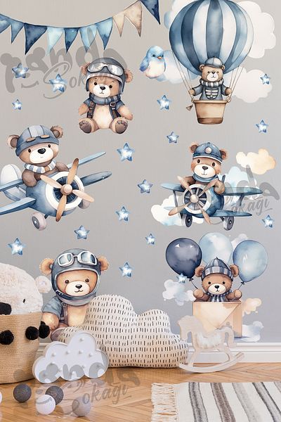 PANDA SOKAĞI norului albastru și ursulețe pilot, autocolant de perete pentru camera copiilor, 130x150CM