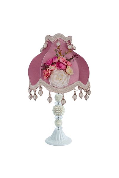 Dekovien Velvet Dried Rose Flower Patterned - Metal Leg with Lampshade and Pearls Model AB0770