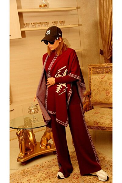 MAY MARA بدلة جاكار محبوكة من الفولاذ للنساء مكونة من 3 قطع مع بونشو