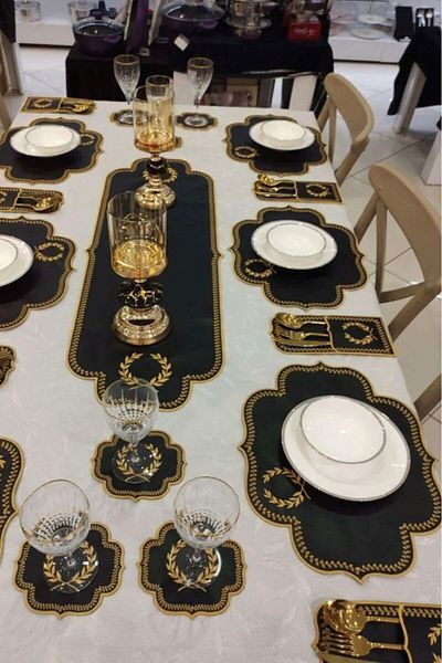 Teksev Başak Black Gold 12-Person 37 Piece Table Cloth Runner Set Embroidered Leather Dining Presentation Set
