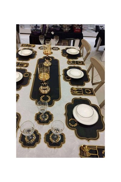 Teksev Fecioară Black Gold American Service 6 persoane 19 piese Runner Set Set de prezentare din piele brodata
