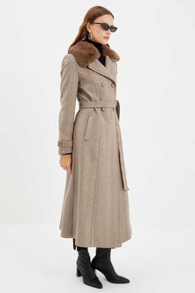 Zühre Mink Stamp Coat - Double Breasted Collar and Fur Detail 13114