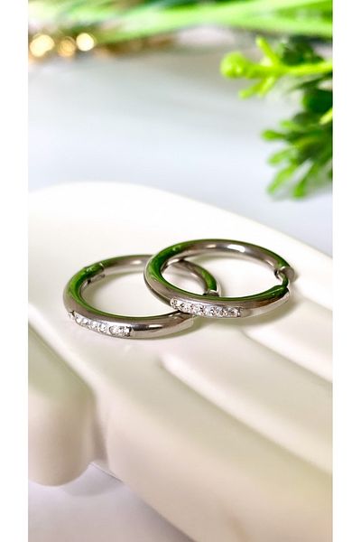 JustGAF Silver / Silver Color Zircon Stone Steel Hoop Earrings
