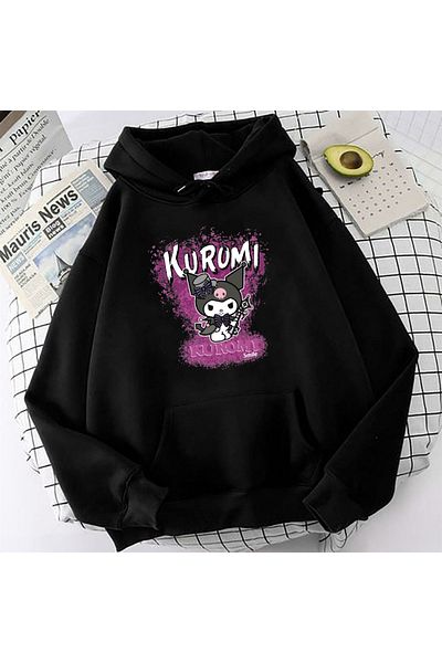MECH BUTİK Черен суичър за момиче с качулка и щампа с усмивка Kuromi