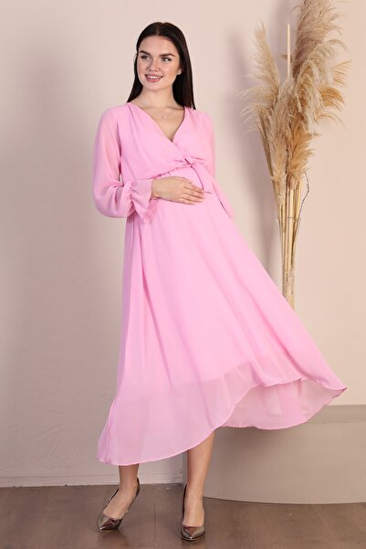 Azra Style Women's Maternity Double Breasted Neck Belted Pink Chiffon Dress T...
