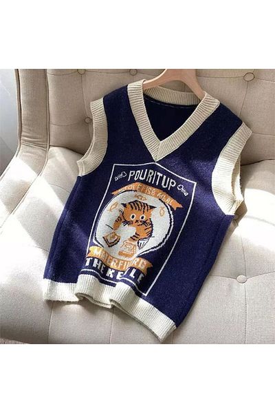 Köstebek Oldschool Cat Blue V-Neck Unisex πουλόβερ