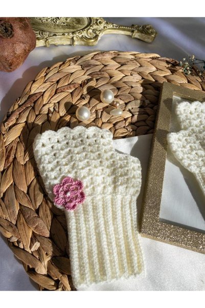 BeuBella Aksesuar Special Design Pink Flower Motif White Gloves
