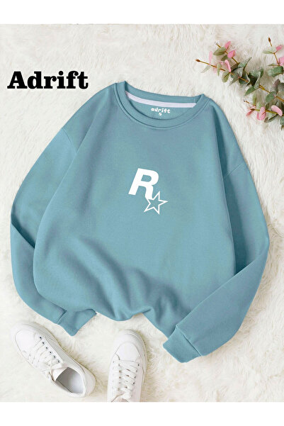 Tarzsokak Hanorac unisex cu imprimeu RockStar, cu gât rotund, ALBASTRU BEBE