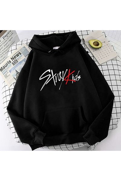 MECH BUTİK Hanorac cu glugă unisex negru cu imprimeu StrayKids