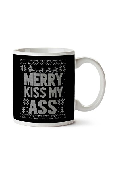 ART HEDİYE Merry Kiss My Ass Christmas Knit Pattern Two Sided Printed Mug Cup