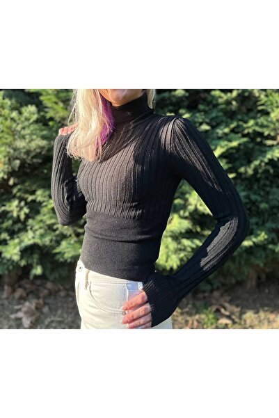 Lefon Black Thick Corded Turtleneck Sweater