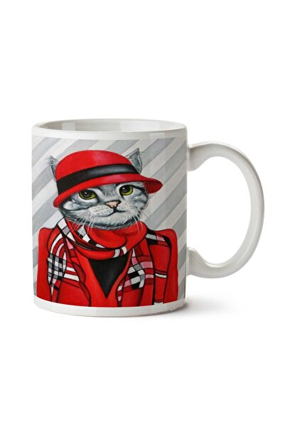 ART HEDİYE بدلة هيبستر كات حمراء مع قبعة وسترة وكوب مطبوع على الجانبين