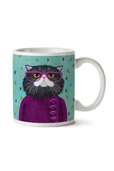 ART HEDİYE Hipster Cat Purple Glasses Cardigan Two Sides Printed Mug Cup