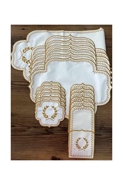 Bonny Home Başak Cream Gold 12 Ατόμων 37 τεμαχίων American Service and Runner Σετ Κεντημένο Δερμάτινο Σετ παρουσίασης τραπεζαρίας