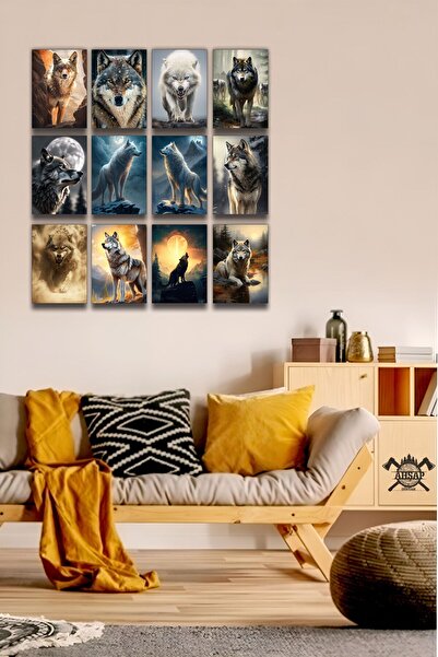 Genel Markalar 12 parça Ulu Kurt Çerçeve Görünümlü Mdf tablo Duvar Süsü Hediy...