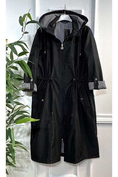 Aşkı Endam Large Size Dream Detachable Hooded Striped Inside Medium Trench - Black