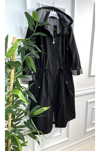 Aşkı Endam Large Size Dream Detachable Hooded Striped Inside Medium Trench - Black