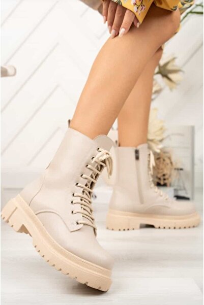 Mağaza Dünyası Kadın Bej Içi Yünlü Yandan Fermuarlı Bağcıklı Kauçuk Tabanlı G...