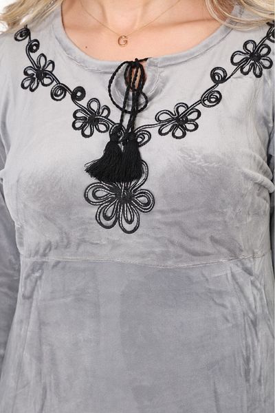 mervemoda Women's Grey neckline embroidered velvet long dress