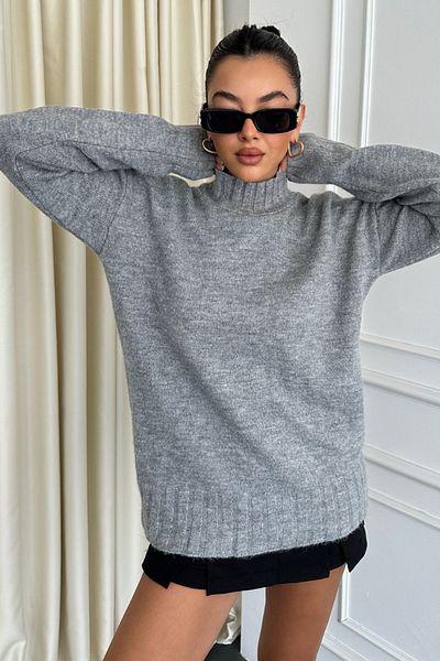 lovebox High Collar Wide Oversize Long Sleeve Gray Sweater 2777